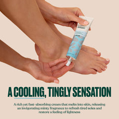 The Body Shop peppermint foot cream held in hand to show compact 3.3 oz size