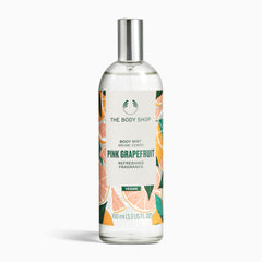 The Body Shop front bottle of pink grapefruit mist showing bright packaging and freshness