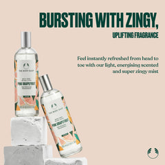 The Body Shop mist spraying pink grapefruit scent for instant refreshing benefit