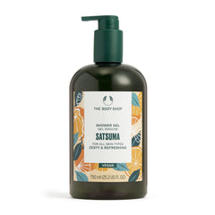 The Body Shop satsuma bottle front view showing bright citrus packaging and size