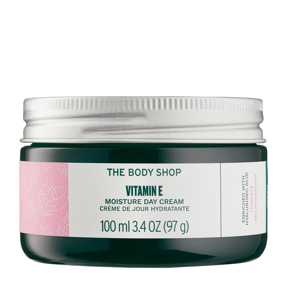 The Body Shop Vitamin E front packaging showing jar and label, clear product identity and benefits