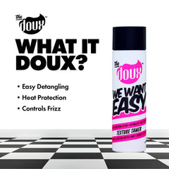 the doux being applied to damp curls in hand, shows smooth detangling and manageability