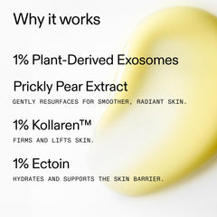 Product label and ingredients list showing key actives like exosomes and Kollaren™