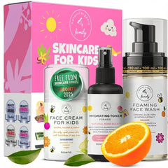 The Natural and Organic Family front packaging showing three-step kids set and benefits