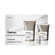The Ordinary daily set front packaging showing all three products and clear routine