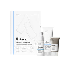 The Ordinary front packaging showing three products and clear benefits
