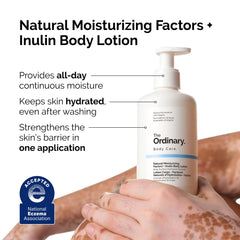 The Ordinary NMF + Inulin body lotion pouring, lightweight hydration visual
