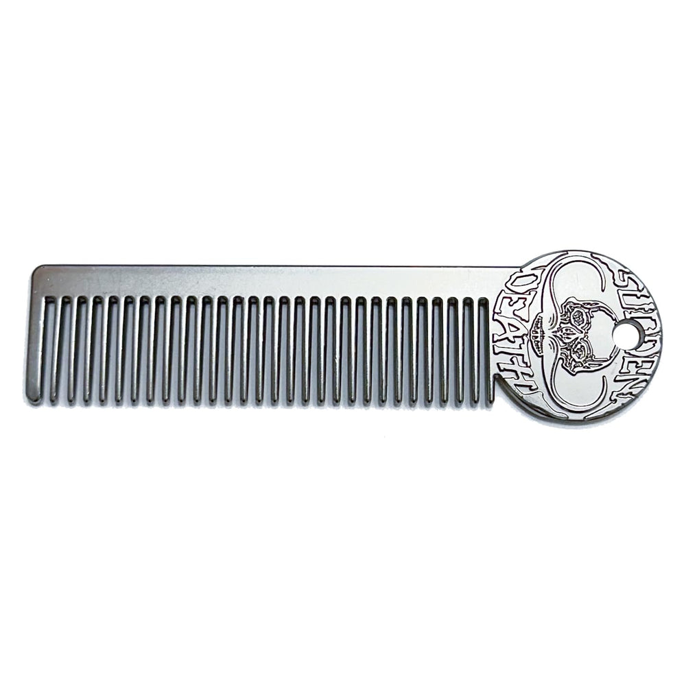THE VINTAGE GROOMING CO. comb front view showing compact metal design and pocket convenience