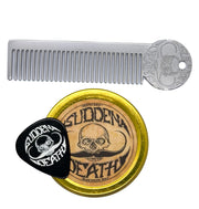 THE VINTAGE GROOMING CO. Sudden Death tin front view showing label and size benefit