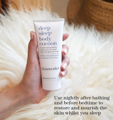 THISWORKS lotion on hand demonstrating lightweight spreadability and overnight hydration