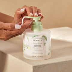 Thymes eucalyptus bottle next to hand wash illustrating coordinated sink-side routine benefit