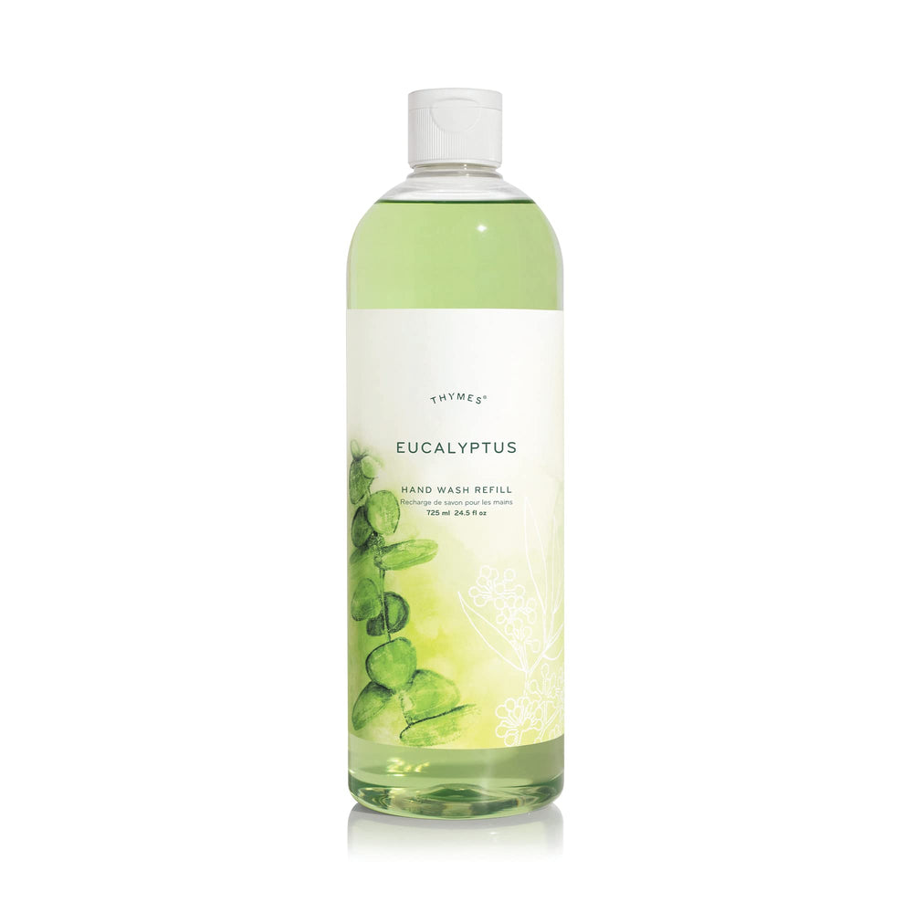 Thymes refill front label showing eucalyptus scent and 24.5 fl oz benefits