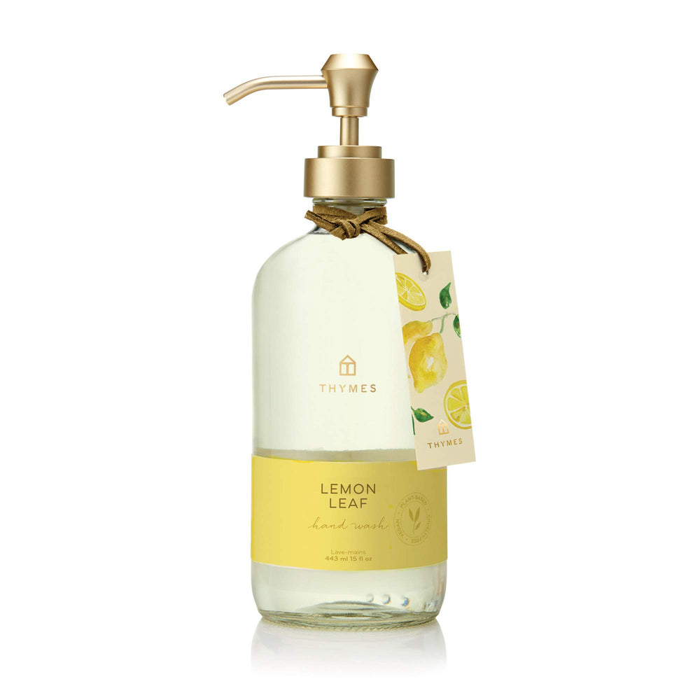 Thymes lemon leaf front bottle showing full label and elegant pump for display benefit