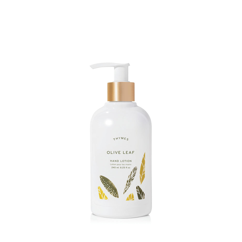 Thymes Olive Leaf bottle front view shows label and gift-ready design, hydrating benefit