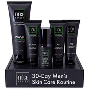 Tiege Hanley front packaging showing five-piece 30-day kit and clear routine benefits