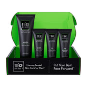 Tiege Hanley front packaging of 4-piece kit showing compact travel sizes and routine clarity