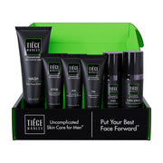 Tiege Hanley front packaging showing six-piece anti-aging kit benefits