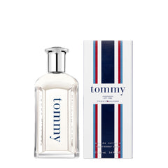 Tommy Hilfiger bottle side profile highlighting shape and transparent glass benefit: visible remaining scent