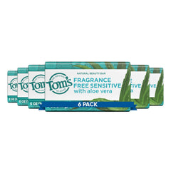 Tom's of Maine front packaging showing six fragrance-free bars and clear labeling benefit