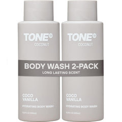 TONE front bottle showing coconut shower gel and clear labeling for confident scent