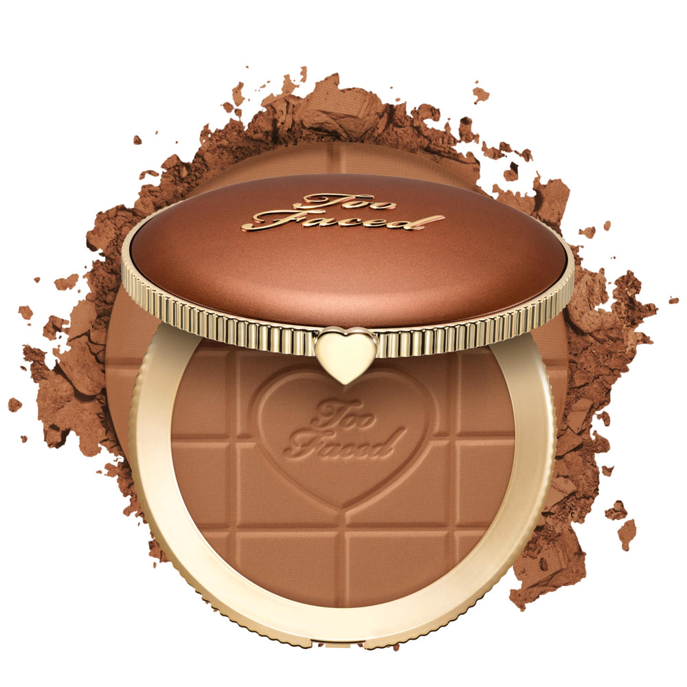 Too Faced compact open showing bronzer pan and mirror for easy application