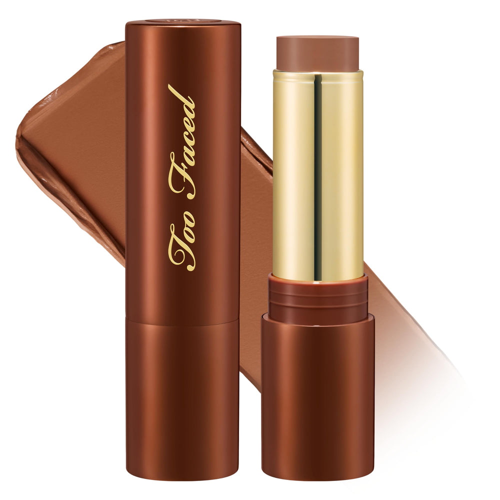 Too Faced Chocolate Soleil front stick packaging showing product benefit portability