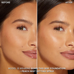 Too Faced Peach Mist nozzle spraying a superfine mist for even makeup setting benefit