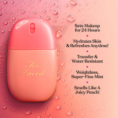 Too Faced Peach Mist close-up droplets demonstrating lightweight hydrating texture benefit