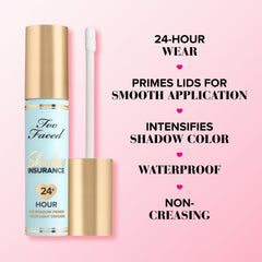Too Faced primer next to eyeshadow palette showing enhanced pigment payoff