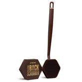 TOOLETRIES front view showing chocolate silicone scrubber and handle for easy reach