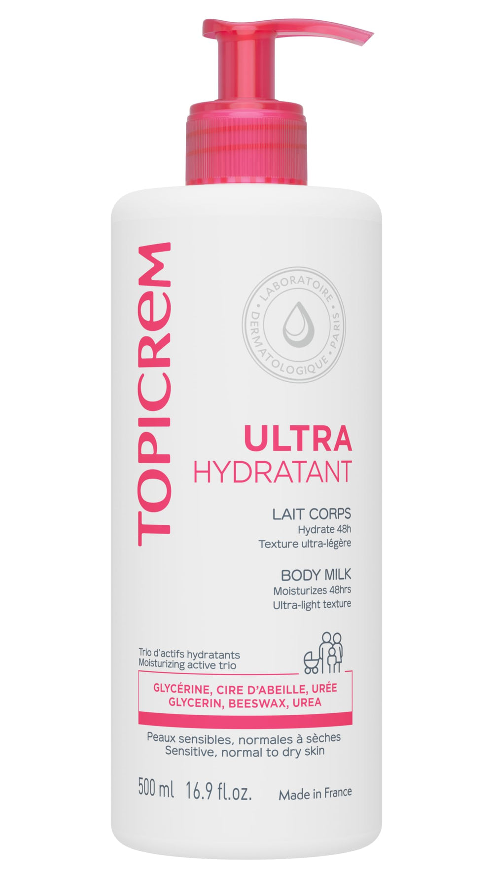 Topicrem front packaging 500ml showing large family-size bottle benefit