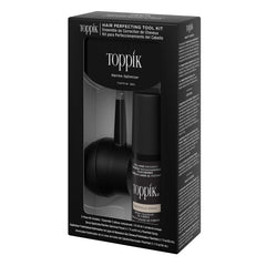Toppik toolkit used in travel setting demonstrating quick touch-up convenience benefit