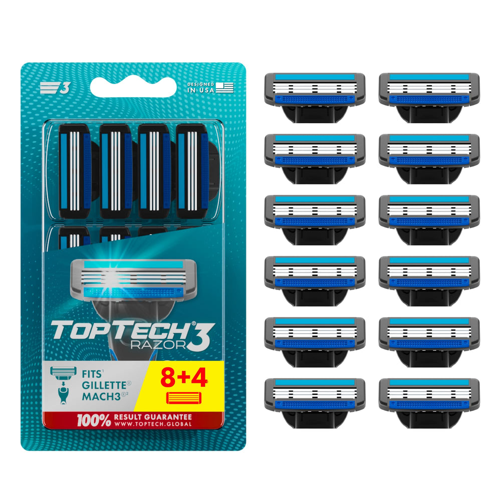 Toptech front packaging showing eight refill cartridges and product benefit