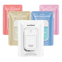 Touchland front packaging showing four scent bottles and case for easy gifting