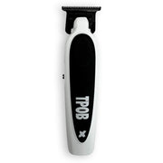TPOB white trimmer front view showing sleek all-metal body and ergonomic grip for precise handling