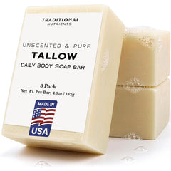 TRADITIONAL NUTRIENTS front packaging showing unscented tallow soap bar and clean labeling for simple care