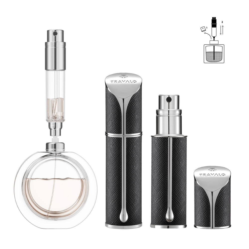 Travalo AQUA black front view showing sleek travel-ready design and secure cap