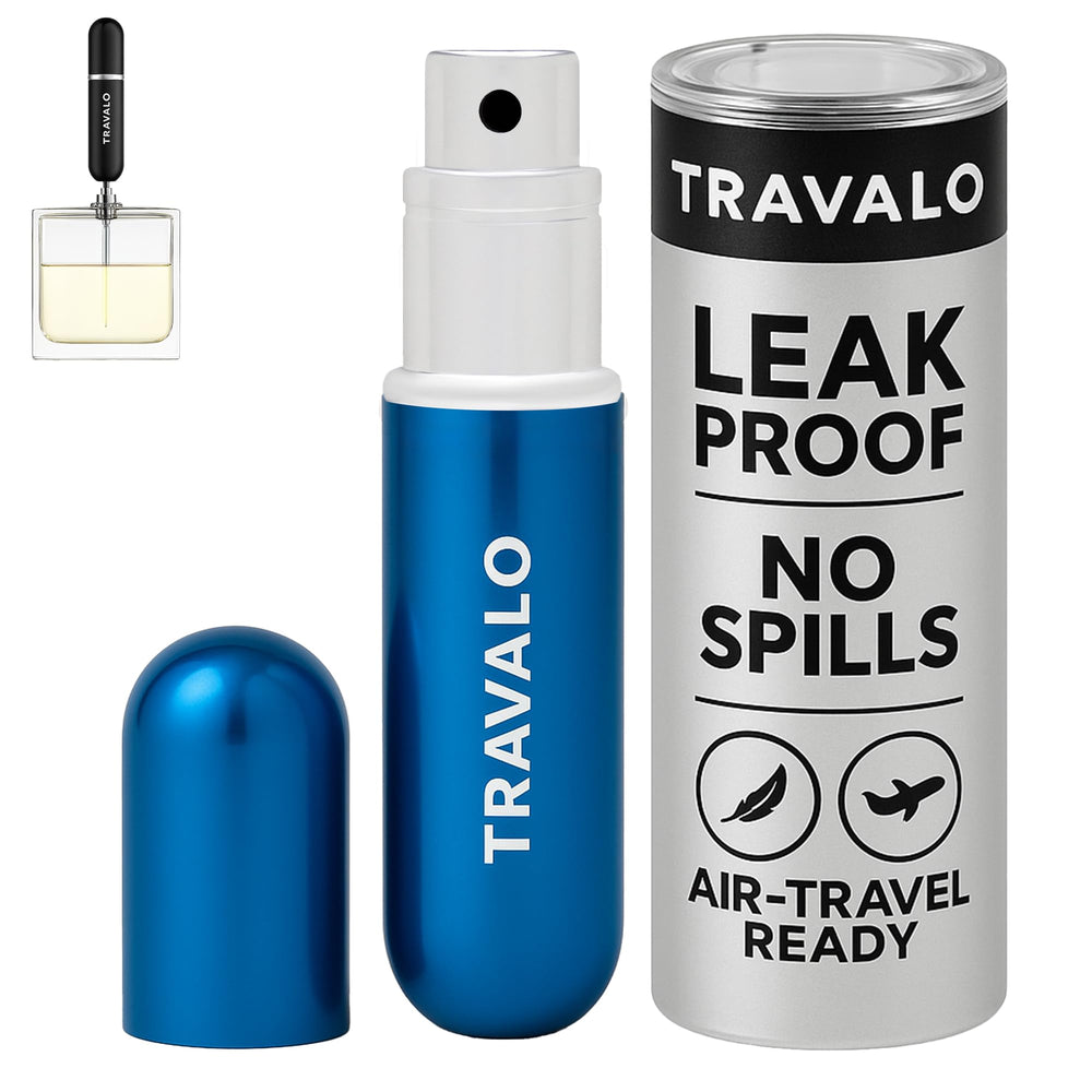 Travalo blue front view showing compact perfume atomizer and sleek design benefit