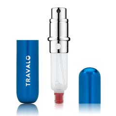 Travalo refill demonstration connecting to perfume bottle for spill-free transfer benefit
