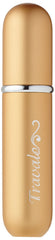 Travalo red-base connector engaged on perfume bottle to prevent spills