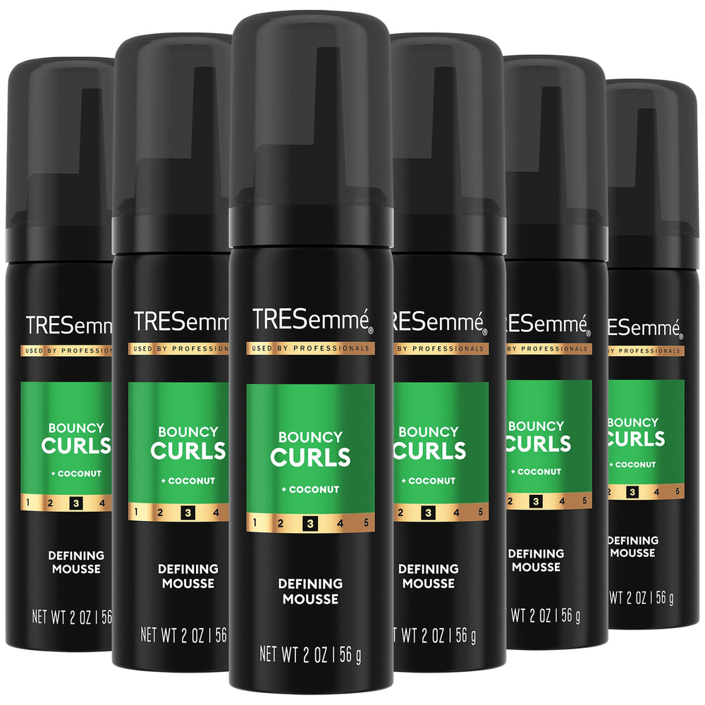 TRESemmé front packaging of six travel-size mousse cans showing compact convenience