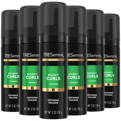 TRESemmé front packaging of six travel-size mousse cans showing compact convenience