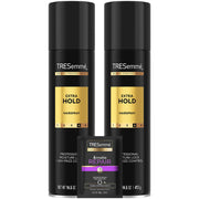 TRESemmé front pack showing two full-size cans and travel spray for great value