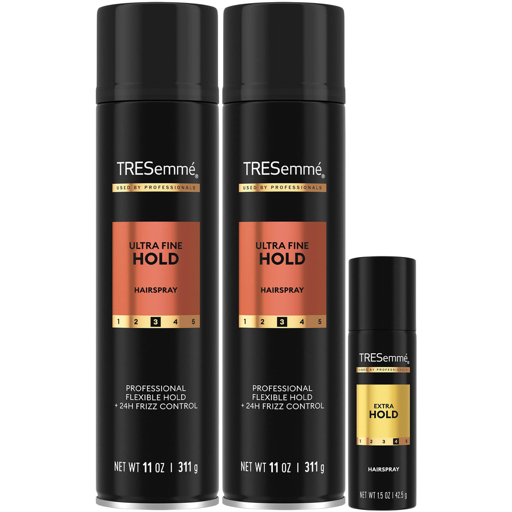 TRESemmé front packaging showing two cans and travel spray for easy styling