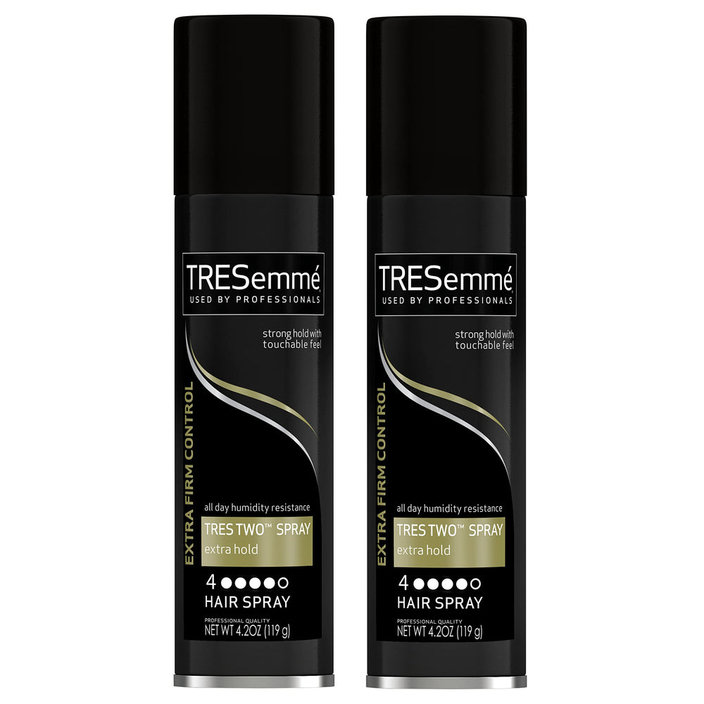 TRESemmé front packaging showing compact cans and strong hold benefit