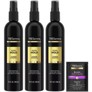 TRESemmé front packaging showing three 10 oz bottles and travel spray for consistent hold