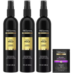 TRESemmé front packaging showing three 10 oz bottles and travel spray for consistent hold