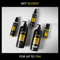TRESemmé conditioner being poured showing creamy texture for detangling