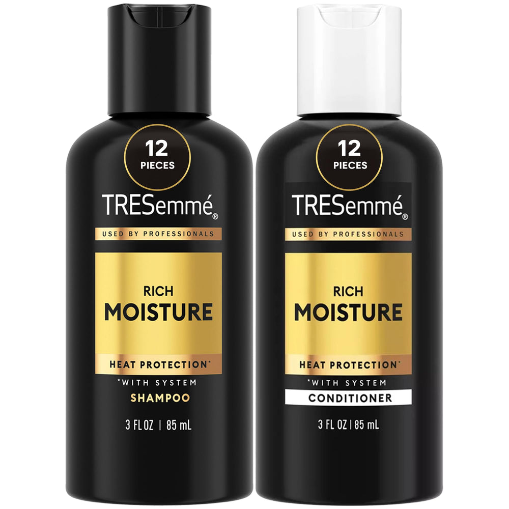 TRESemmé front packaging showing travel shampoo and conditioner set and travel convenience