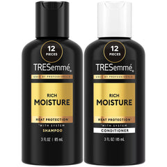 TRESemmé front packaging showing travel shampoo and conditioner set and travel convenience